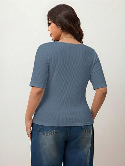 Enliva Plus Size Women's High Elastic Square Neck Short Sleeve T-Shirt,Dusty Blue,Autumn,Smart Casual,Everyday Cotton Tee For Apple Rounded Curves