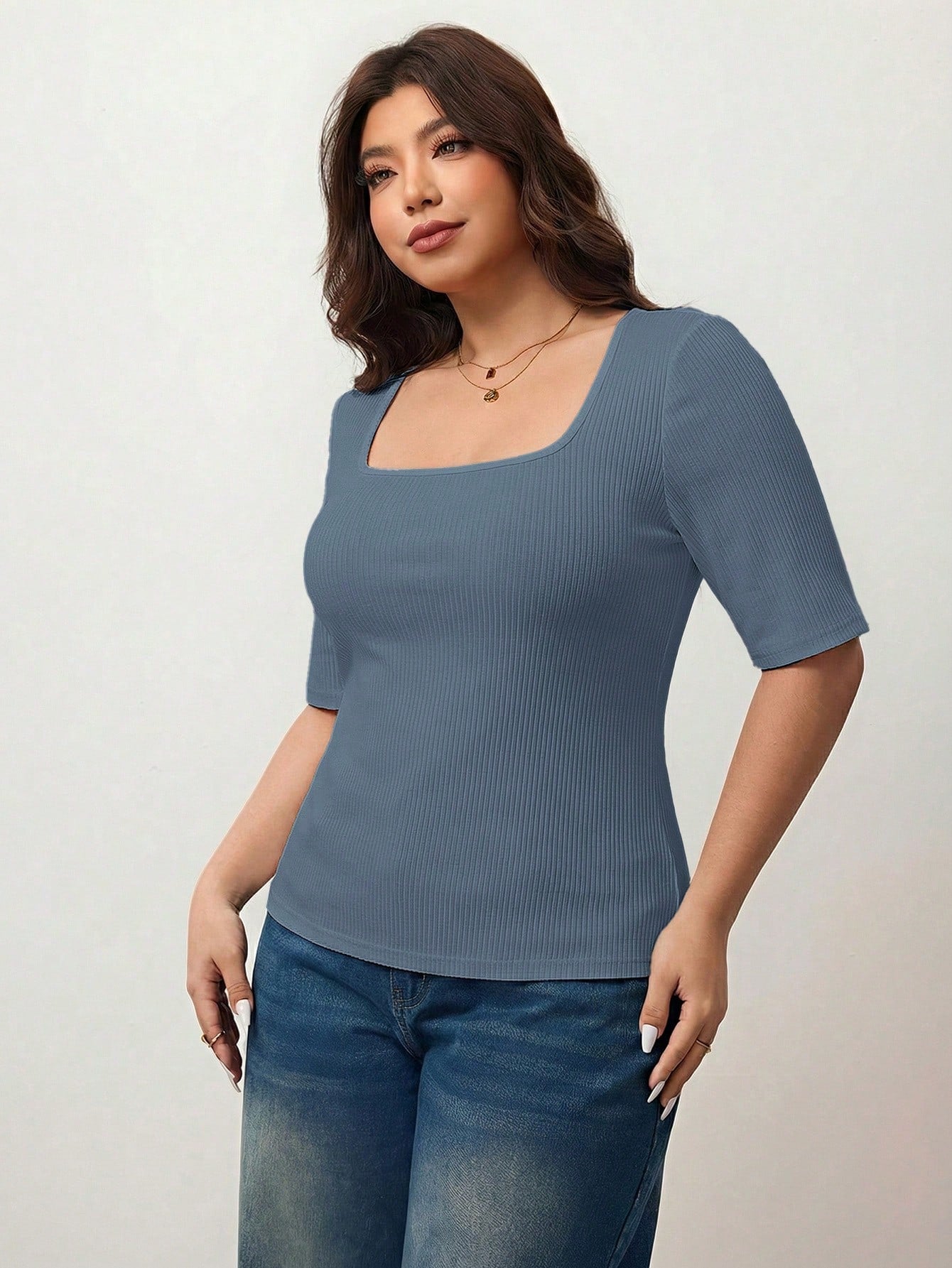 Enliva Plus Size Women's High Elastic Square Neck Short Sleeve T-Shirt,Dusty Blue,Autumn,Smart Casual,Everyday Cotton Tee For Apple Rounded Curves