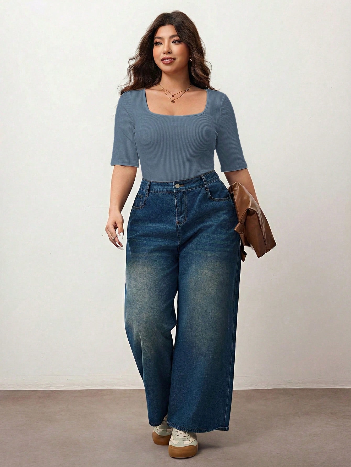 Enliva Plus Size Women's High Elastic Square Neck Short Sleeve T-Shirt,Dusty Blue,Autumn,Smart Casual,Everyday Cotton Tee For Apple Rounded Curves