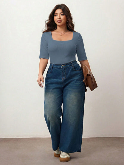 Enliva Plus Size Women's High Elastic Square Neck Short Sleeve T-Shirt,Dusty Blue,Autumn,Smart Casual,Everyday Cotton Tee For Apple Rounded Curves