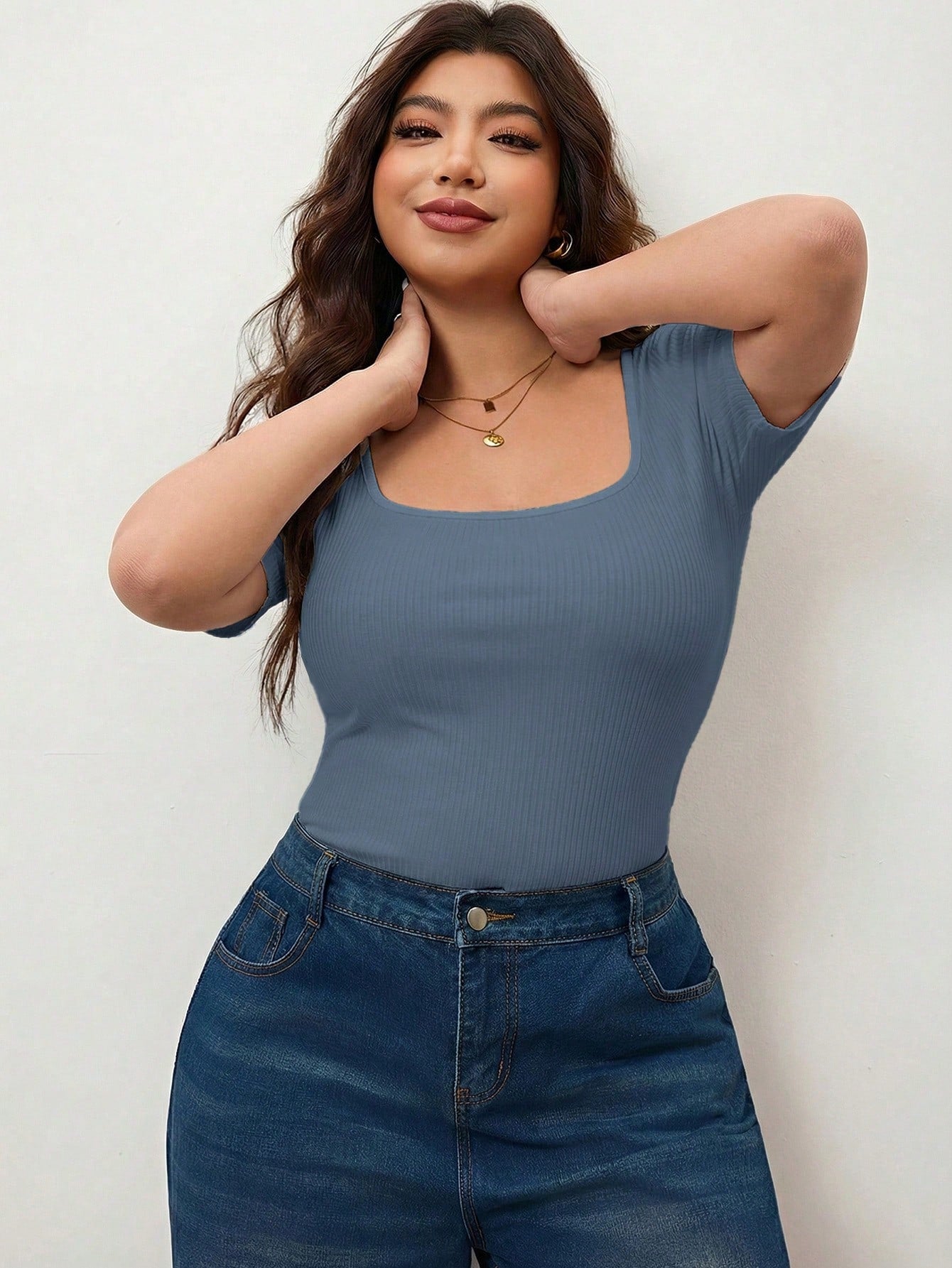 Enliva Plus Size Women's High Elastic Square Neck Short Sleeve T-Shirt,Dusty Blue,Autumn,Smart Casual,Everyday Cotton Tee For Apple Rounded Curves
