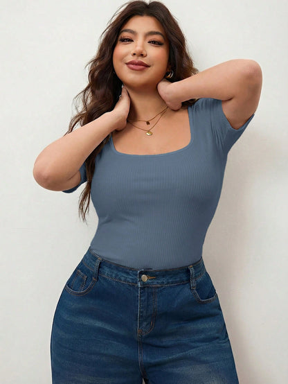 Enliva Plus Size Women's High Elastic Square Neck Short Sleeve T-Shirt,Dusty Blue,Autumn,Smart Casual,Everyday Cotton Tee For Apple Rounded Curves