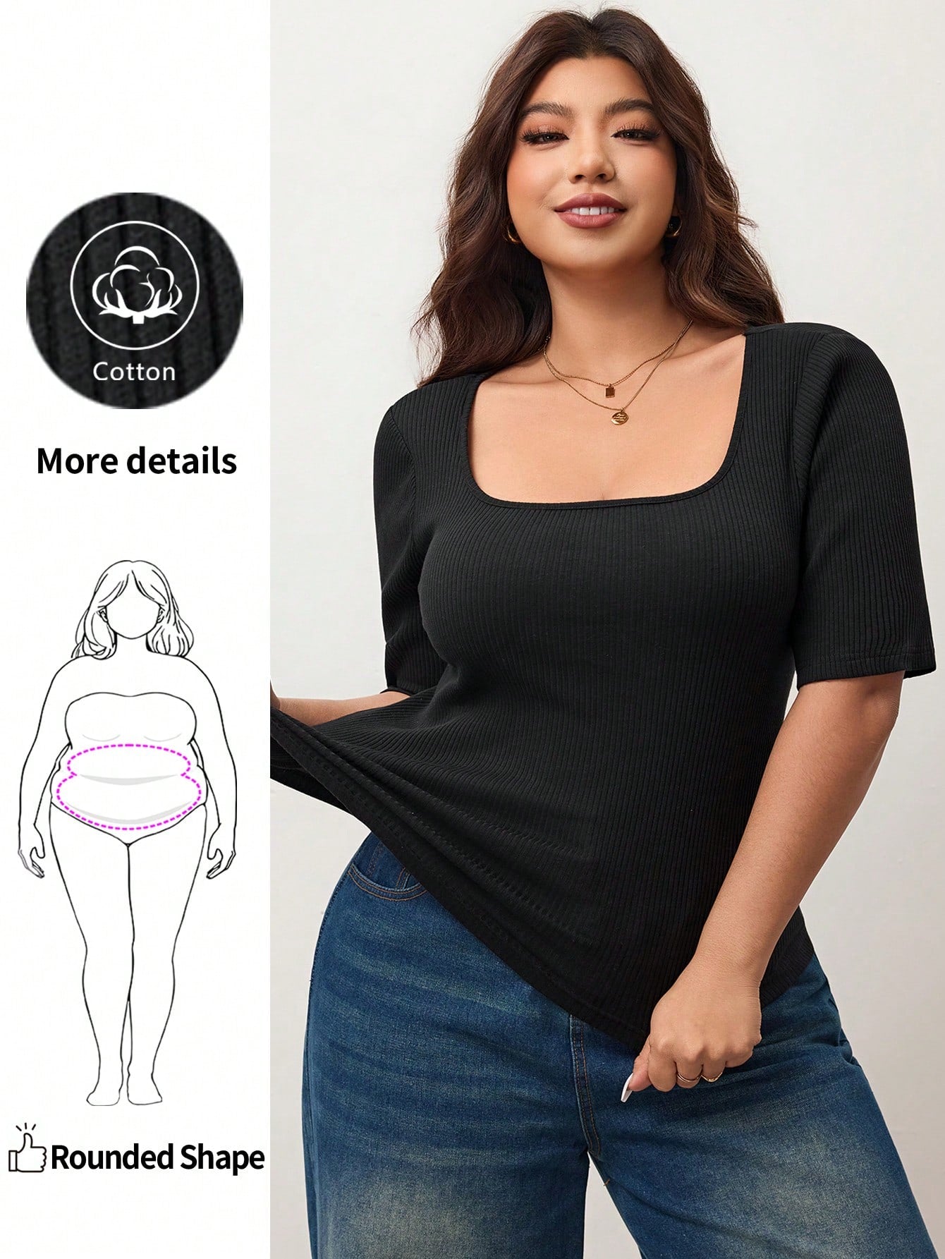 Enliva Plus Size Women's High Elastic Square Neck Short Sleeve T-Shirt,Dusty Blue,Autumn,Smart Casual,Everyday Cotton Tee For Apple Rounded Curves