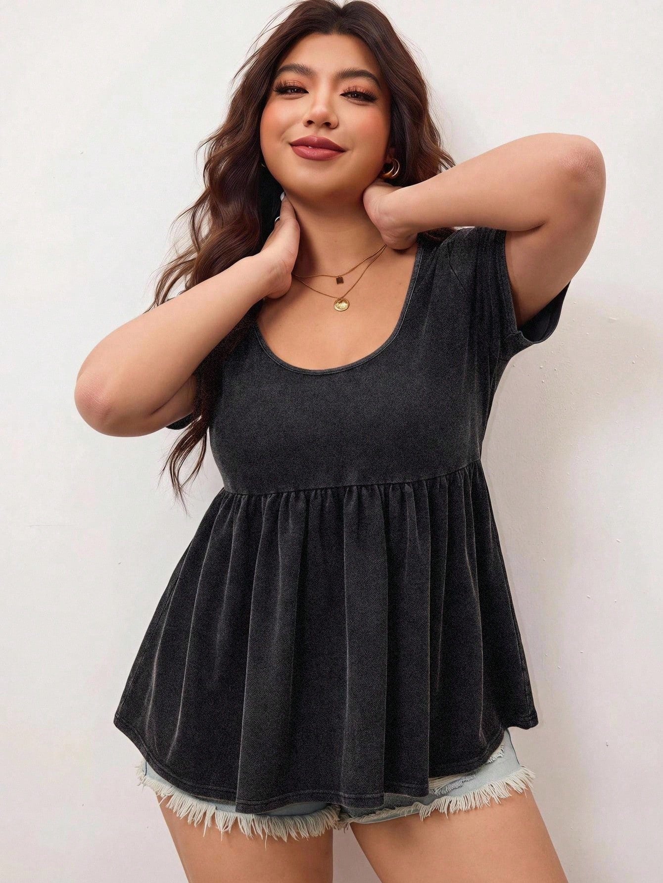 Enliva Plus Size Women's Ruffle Hem Casual T-Shirt, Plus Size Women's Top, Women's Summer Top Formal Gray