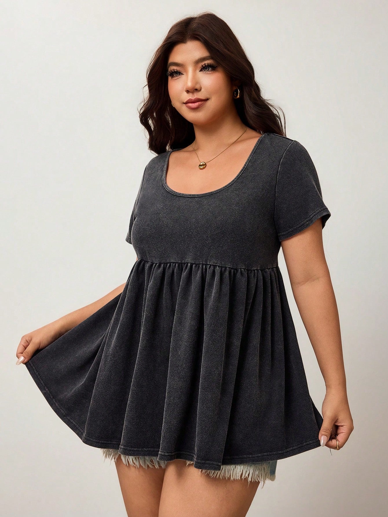 Enliva Plus Size Women's Ruffle Hem Casual T-Shirt, Plus Size Women's Top, Women's Summer Top Formal Gray