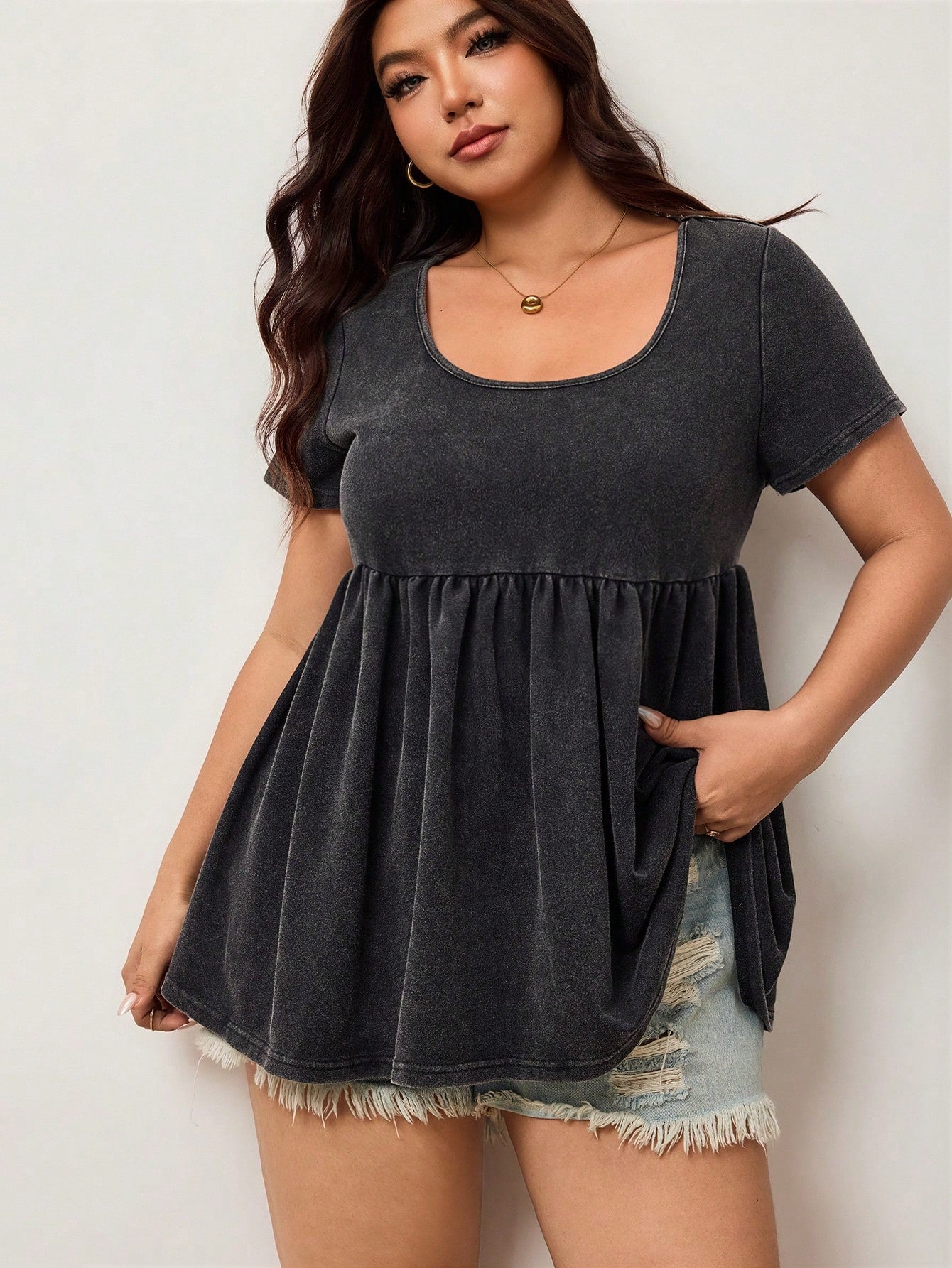 Enliva Plus Size Women's Ruffle Hem Casual T-Shirt, Plus Size Women's Top, Women's Summer Top Formal Gray