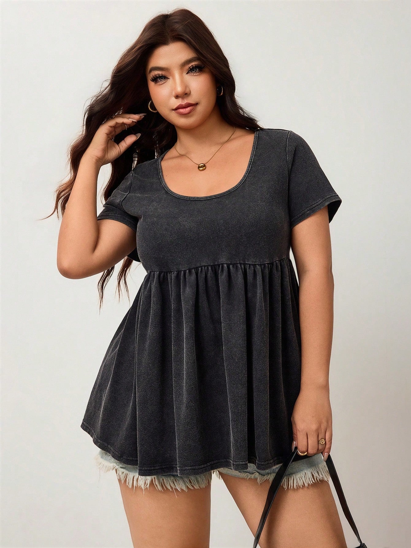 Enliva Plus Size Women's Ruffle Hem Casual T-Shirt, Plus Size Women's Top, Women's Summer Top Formal Gray