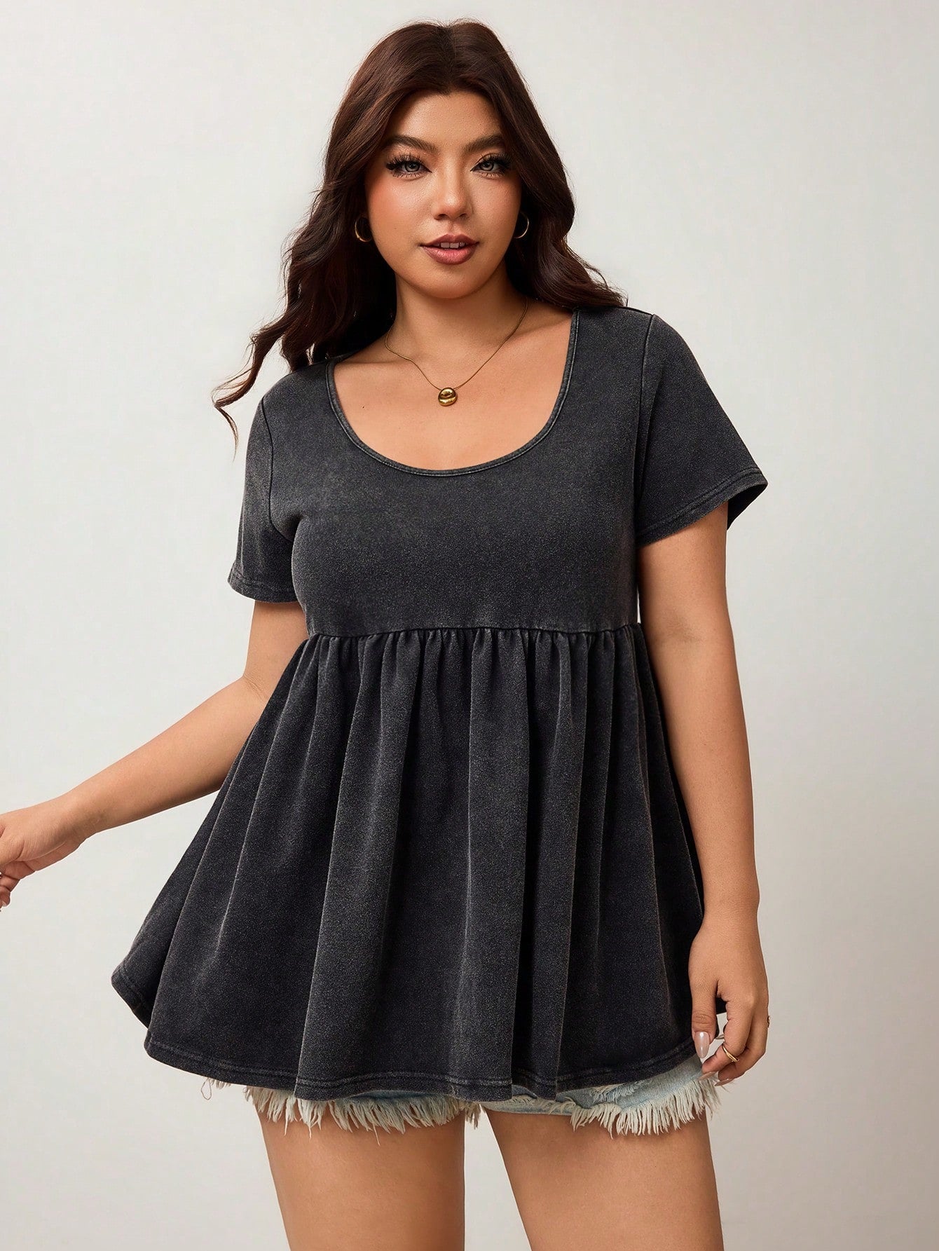 Enliva Plus Size Women's Ruffle Hem Casual T-Shirt, Plus Size Women's Top, Women's Summer Top Formal Gray