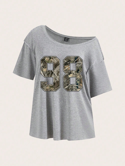Essnce Casual Minimalist Camo Tree Branch 98 Graphic Drop Shoulder Plus Size Women T-Shirt Gray Summer