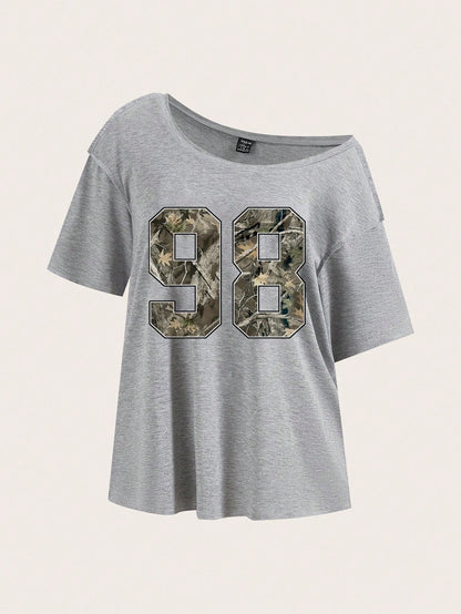 Essnce Casual Minimalist Camo Tree Branch 98 Graphic Drop Shoulder Plus Size Women T-Shirt Gray Summer