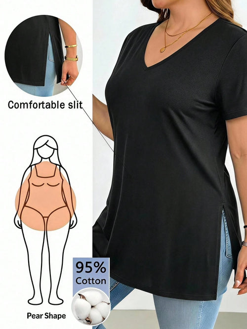 Essnce Casual Vacation Black Fabric Plus Size V-Neck Hem Slit Short Sleeve T-Shirt Suitable For Summer Black Top Date Party