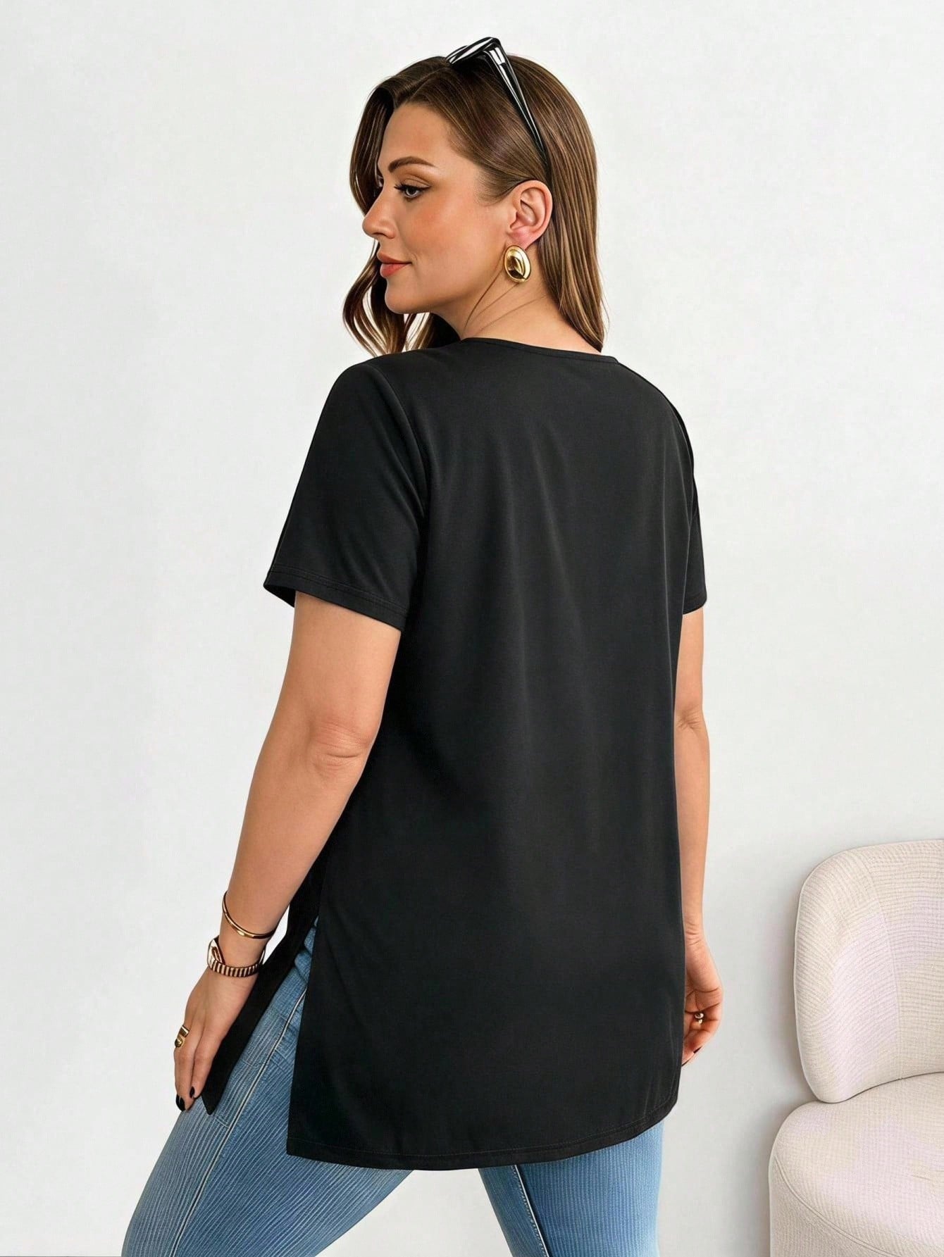 Essnce Casual Vacation Black Fabric Plus Size V-Neck Hem Slit Short Sleeve T-Shirt Suitable For Summer Black Top Date Party