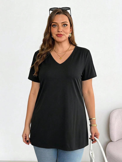 Essnce Casual Vacation Black Fabric Plus Size V-Neck Hem Slit Short Sleeve T-Shirt Suitable For Summer Black Top Date Party