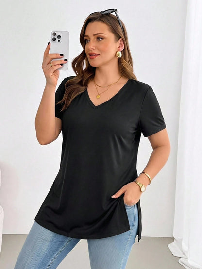 Essnce Casual Vacation Black Fabric Plus Size V-Neck Hem Slit Short Sleeve T-Shirt Suitable For Summer Black Top Date Party