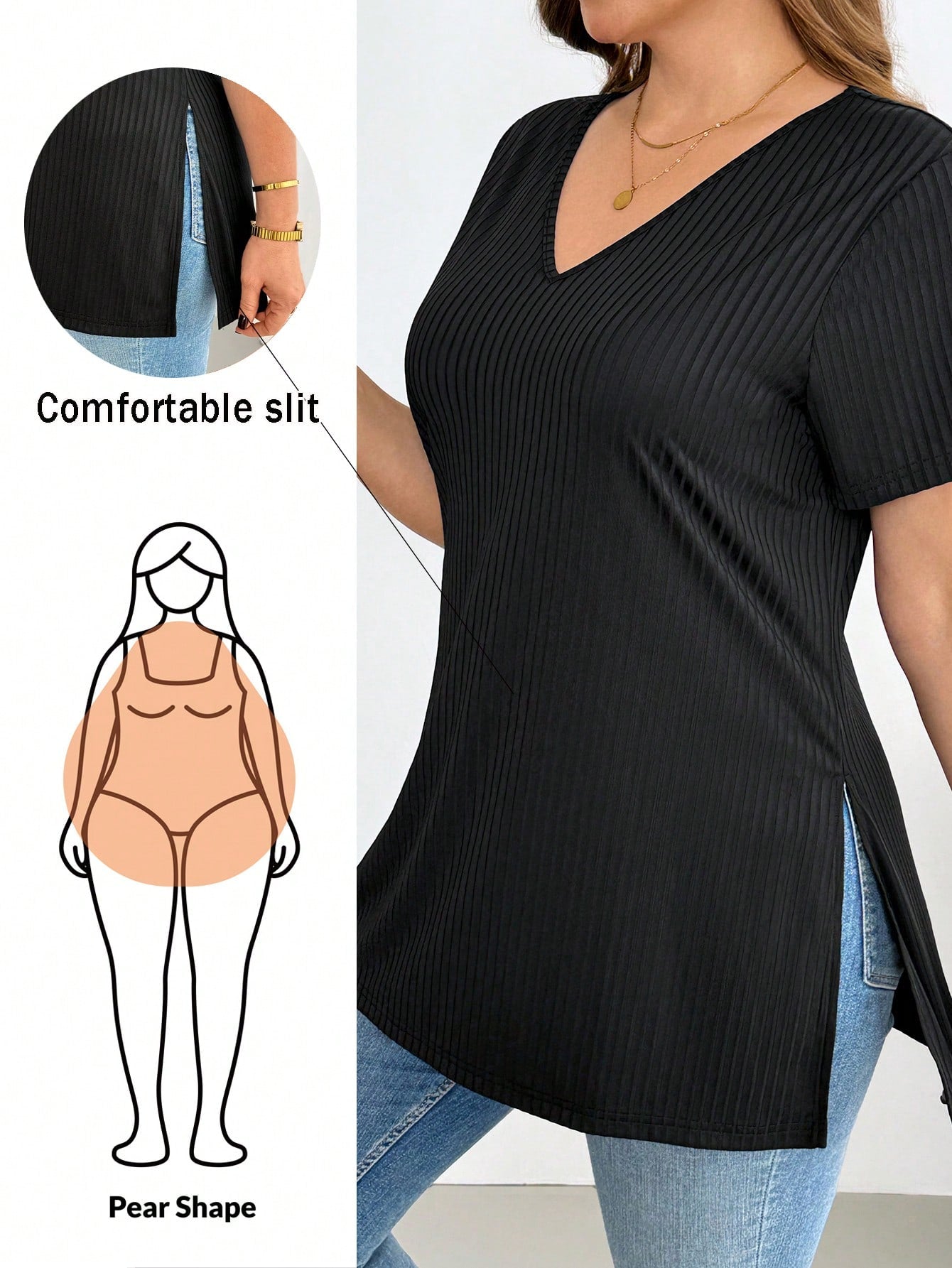 Essnce Casual Vacation Black Fabric Plus Size V-Neck Hem Slit Short Sleeve T-Shirt Suitable For Summer Black Top Date Party