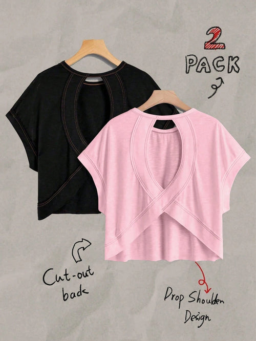 Essnce Plus Size Women's 2 Pack Backless Short-Sleeve T-Shirt,Loose Casual 70s Western Pastel Pink,Summer,Smart Casual,Gym Workout Black And Pink Tops
