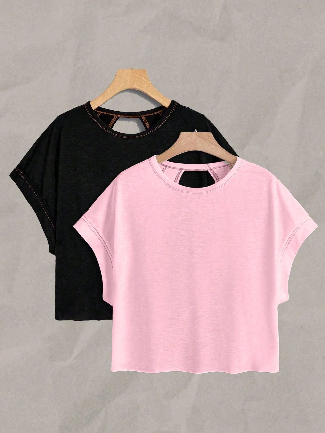 Essnce Plus Size Women's 2 Pack Backless Short-Sleeve T-Shirt,Loose Casual 70s Western Pastel Pink,Summer,Smart Casual,Gym Workout Black And Pink Tops