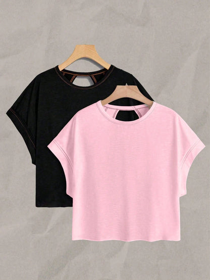 Essnce Plus Size Women's 2 Pack Backless Short-Sleeve T-Shirt,Loose Casual 70s Western Pastel Pink,Summer,Smart Casual,Gym Workout Black And Pink Tops