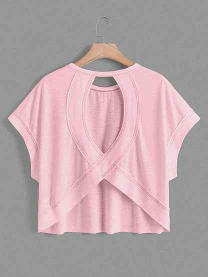 Essnce Plus Size Women's 2 Pack Backless Short-Sleeve T-Shirt,Loose Casual 70s Western Pastel Pink,Summer,Smart Casual,Gym Workout Black And Pink Tops