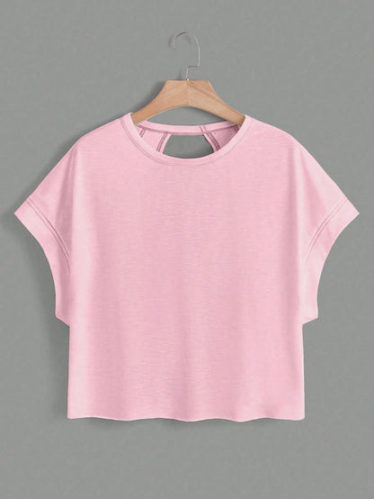 Essnce Plus Size Women's 2 Pack Backless Short-Sleeve T-Shirt,Loose Casual 70s Western Pastel Pink,Summer,Smart Casual,Gym Workout Black And Pink Tops