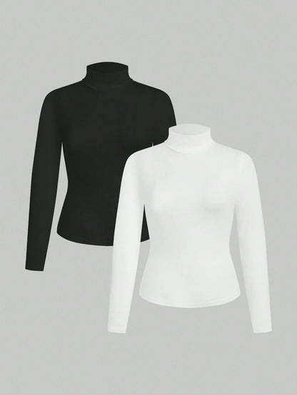 Essnce Plus Size Women's 2-Piece Black And White Suit T-Shirt Autumn Elegant Business Casual Graduation Office Long-Sleeved Knitted Mock Neck Turtleneck Tops
