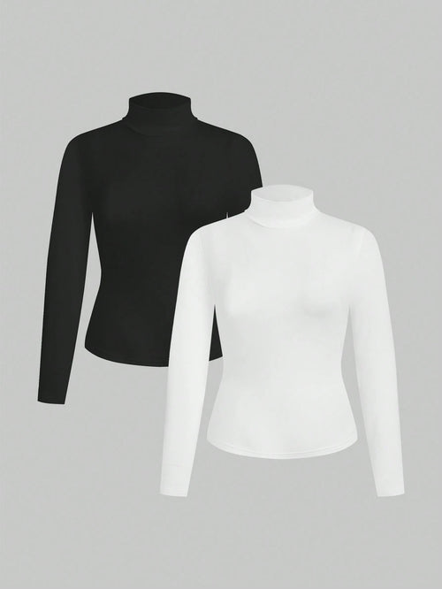 Essnce Plus Size Women's 2-Piece Black And White Suit T-Shirt Autumn Elegant Business Casual Graduation Office Long-Sleeved Knitted Mock Neck Turtleneck Tops