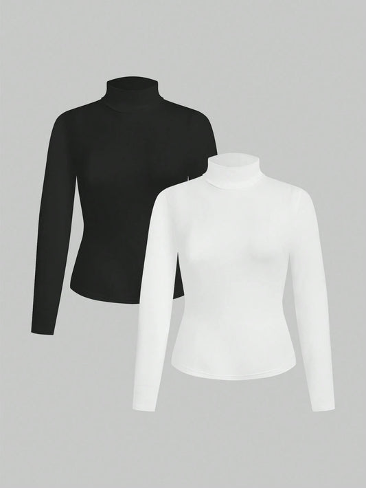 Essnce Plus Size Women's 2-Piece Black And White Suit T-Shirt Autumn Elegant Business Casual Graduation Office Long-Sleeved Knitted Mock Neck Turtleneck Tops