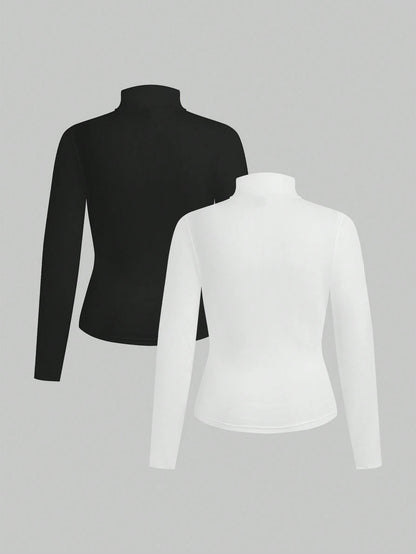 Essnce Plus Size Women's 2-Piece Black And White Suit T-Shirt Autumn Elegant Business Casual Graduation Office Long-Sleeved Knitted Mock Neck Turtleneck Tops