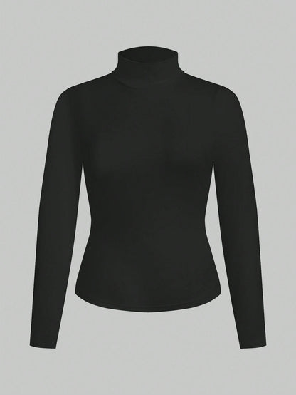 Essnce Plus Size Women's 2-Piece Black And White Suit T-Shirt Autumn Elegant Business Casual Graduation Office Long-Sleeved Knitted Mock Neck Turtleneck Tops