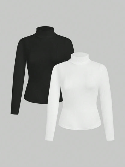 Essnce Plus Size Women's 2-Piece Black And White Suit T-Shirt Autumn Elegant Business Casual Graduation Office Long-Sleeved Knitted Mock Neck Turtleneck Tops