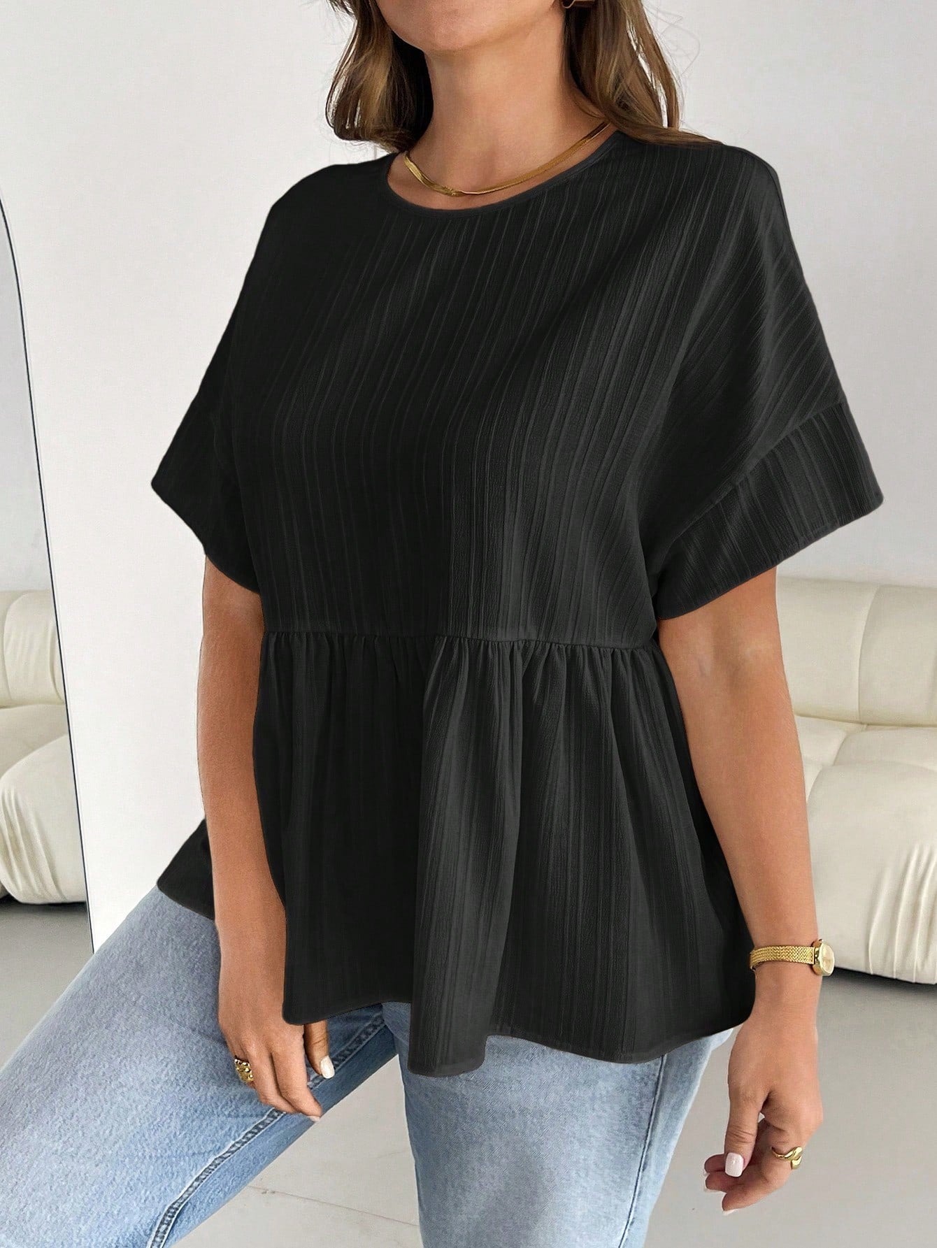 Essnce Plus Size Women's Black Sommar Short-Sleeved Blouse,Smart Casual Texture Ruffle Tops,Loose Comfortable Daily Versatile Teacher Blouses,Hiking,Brunch