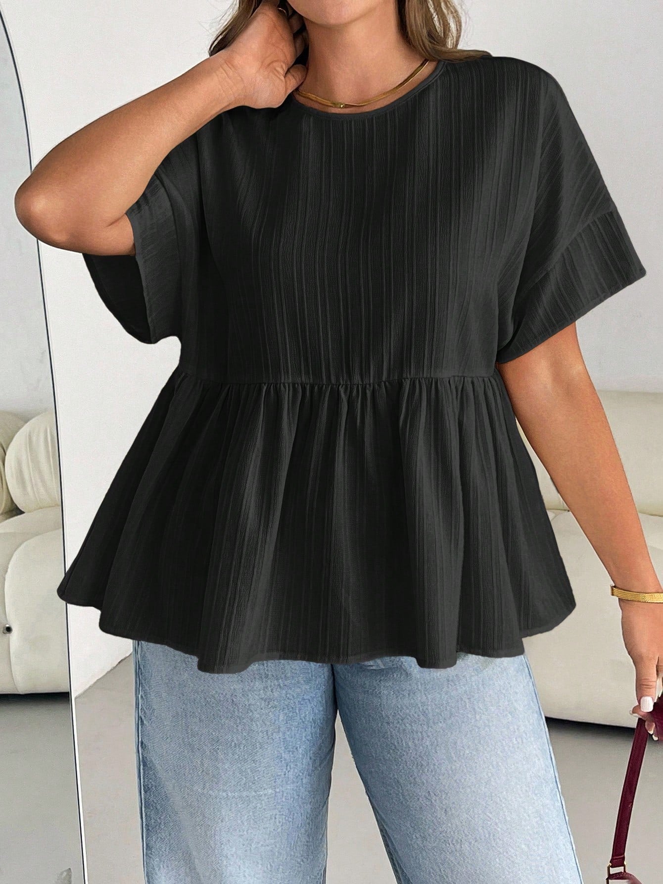 Essnce Plus Size Women's Black Sommar Short-Sleeved Blouse,Smart Casual Texture Ruffle Tops,Loose Comfortable Daily Versatile Teacher Blouses,Hiking,Brunch