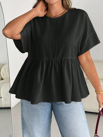 Essnce Plus Size Women's Black Sommar Short-Sleeved Blouse,Smart Casual Texture Ruffle Tops,Loose Comfortable Daily Versatile Teacher Blouses,Hiking,Brunch