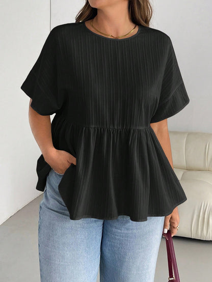 Essnce Plus Size Women's Black Sommar Short-Sleeved Blouse,Smart Casual Texture Ruffle Tops,Loose Comfortable Daily Versatile Teacher Blouses,Hiking,Brunch