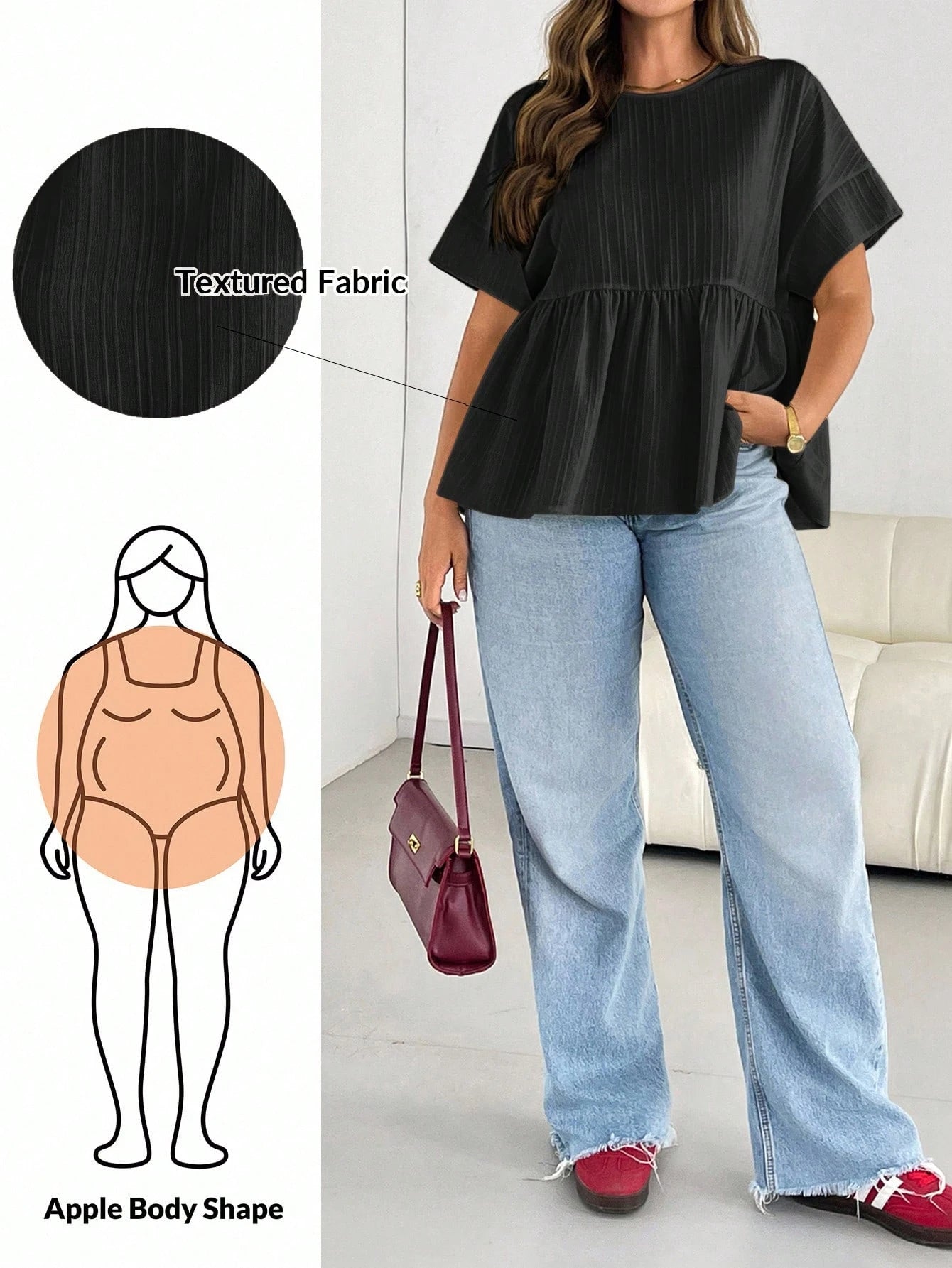 Essnce Plus Size Women's Black Sommar Short-Sleeved Blouse,Smart Casual Texture Ruffle Tops,Loose Comfortable Daily Versatile Teacher Blouses,Hiking,Brunch