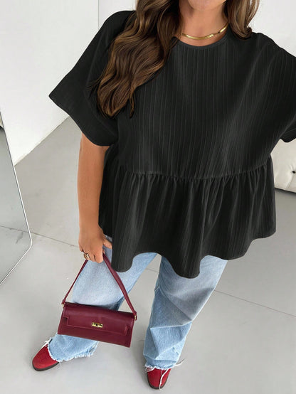 Essnce Plus Size Women's Black Sommar Short-Sleeved Blouse,Smart Casual Texture Ruffle Tops,Loose Comfortable Daily Versatile Teacher Blouses,Hiking,Brunch