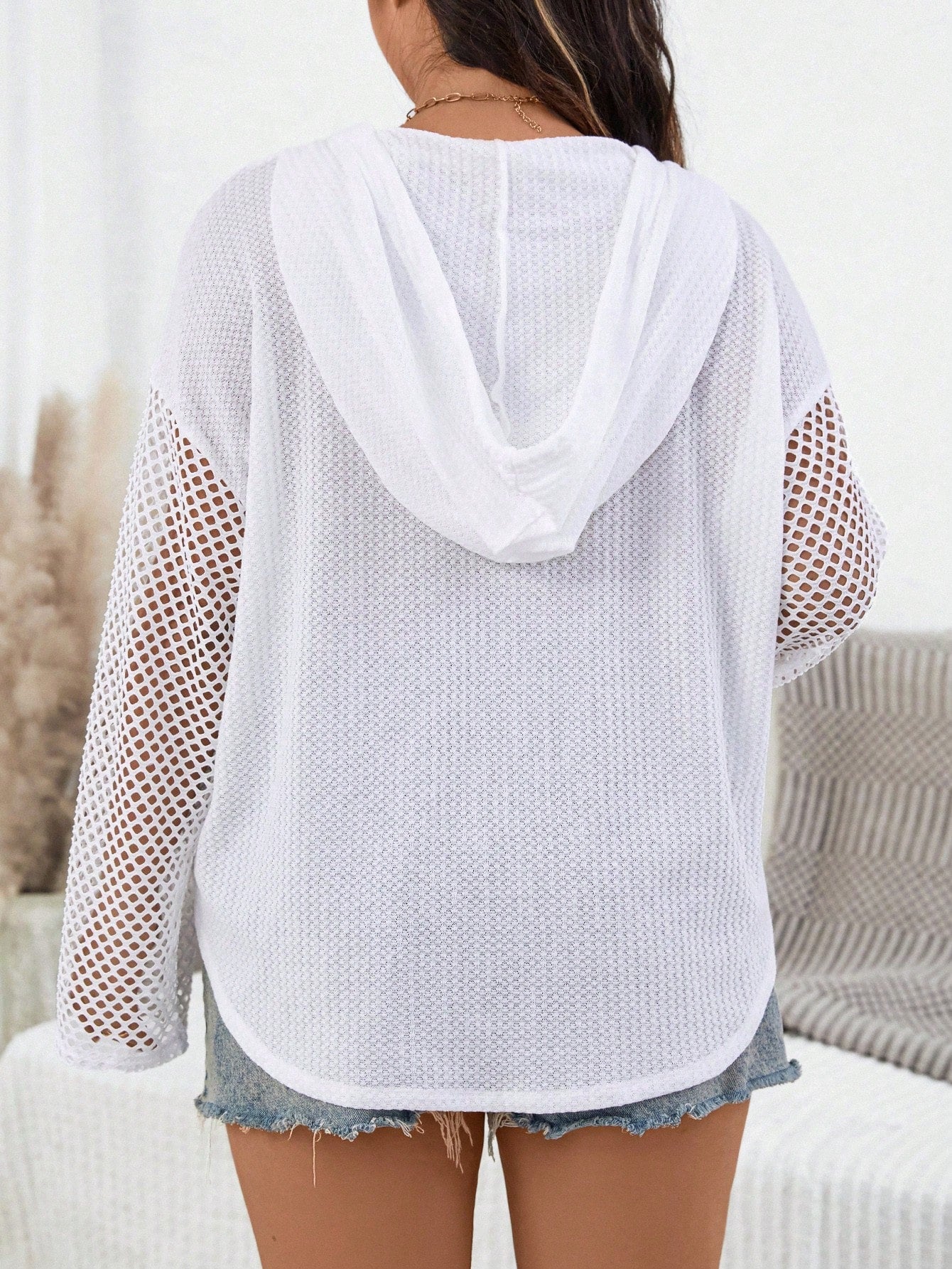 Essnce Plus Size Women's Fashion Back To School Casual Waffle Fabric Splicing Mesh Hooded Long Sleeve White Tee Fall