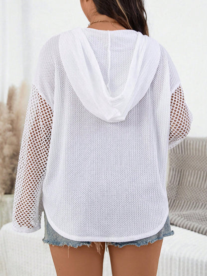 Essnce Plus Size Women's Fashion Back To School Casual Waffle Fabric Splicing Mesh Hooded Long Sleeve White Tee Fall