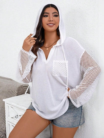 Essnce Plus Size Women's Fashion Back To School Casual Waffle Fabric Splicing Mesh Hooded Long Sleeve White Tee Fall