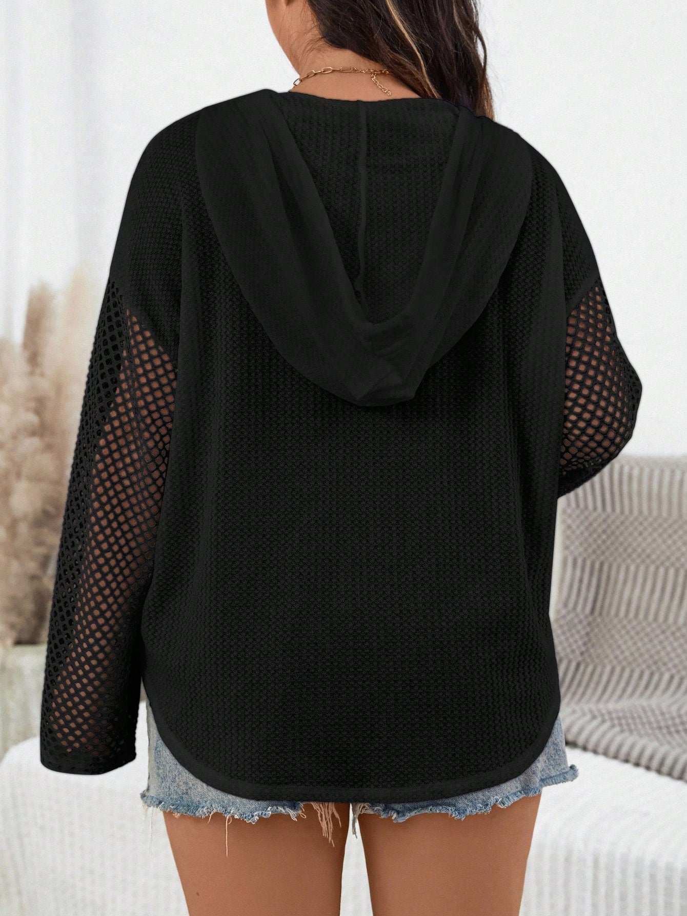 Essnce Plus Size Women's Fashion Back To School Casual Waffle Fabric Splicing Mesh Hooded Long Sleeve White Tee Fall