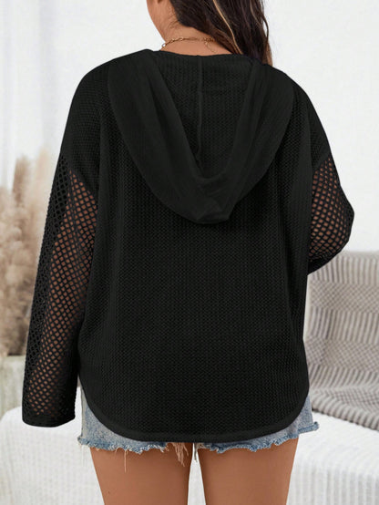 Essnce Plus Size Women's Fashion Back To School Casual Waffle Fabric Splicing Mesh Hooded Long Sleeve White Tee Fall