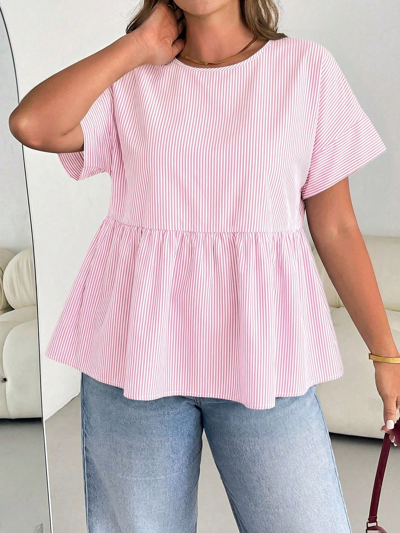 Essnce Plus-Size Women's Pink Summer Smart Casual Everyday Blue Striped Short-Sleeved Shirt,Women Blouse,Loose Comfortable Basic Curve Cute Clothes