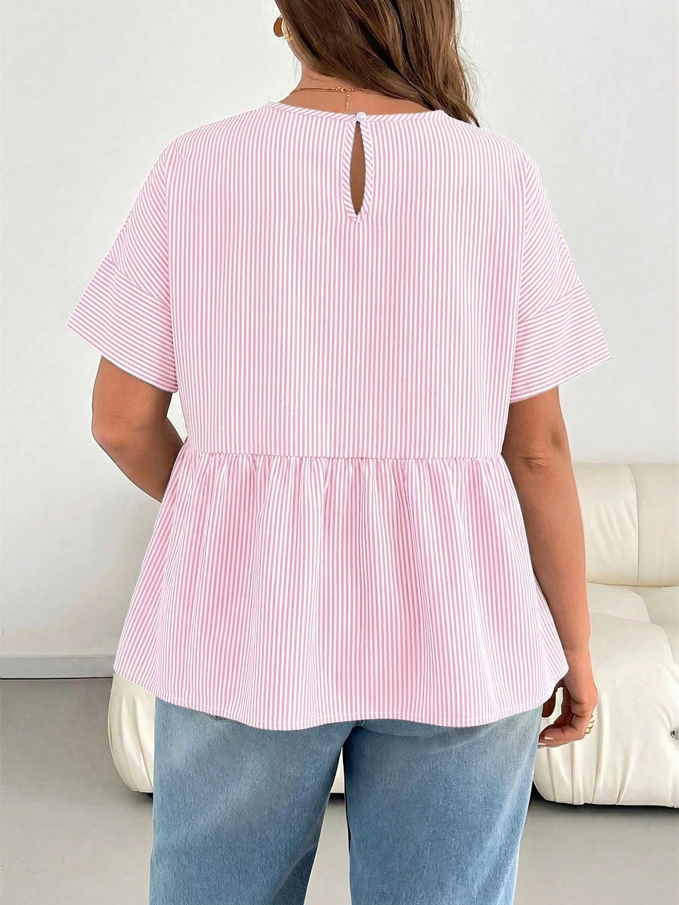 Essnce Plus-Size Women's Pink Summer Smart Casual Everyday Blue Striped Short-Sleeved Shirt,Women Blouse,Loose Comfortable Basic Curve Cute Clothes