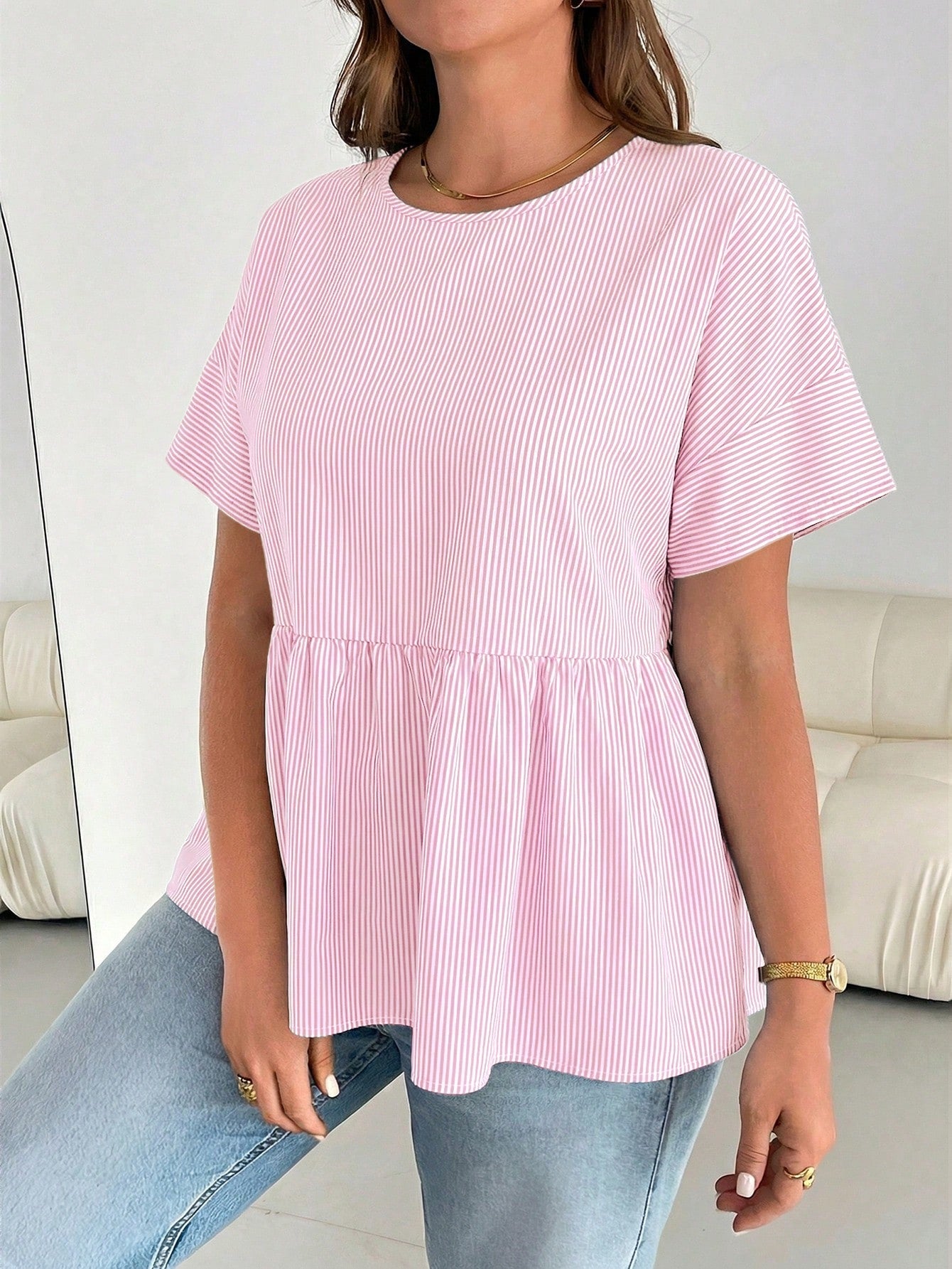 Essnce Plus-Size Women's Pink Summer Smart Casual Everyday Blue Striped Short-Sleeved Shirt,Women Blouse,Loose Comfortable Basic Curve Cute Clothes