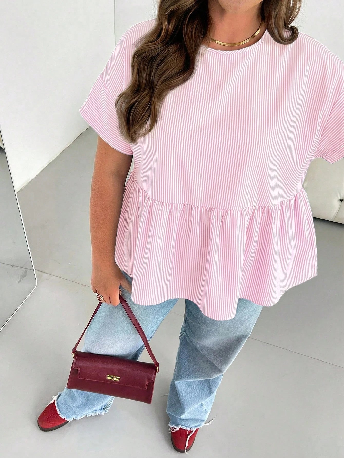 Essnce Plus-Size Women's Pink Summer Smart Casual Everyday Blue Striped Short-Sleeved Shirt,Women Blouse,Loose Comfortable Basic Curve Cute Clothes