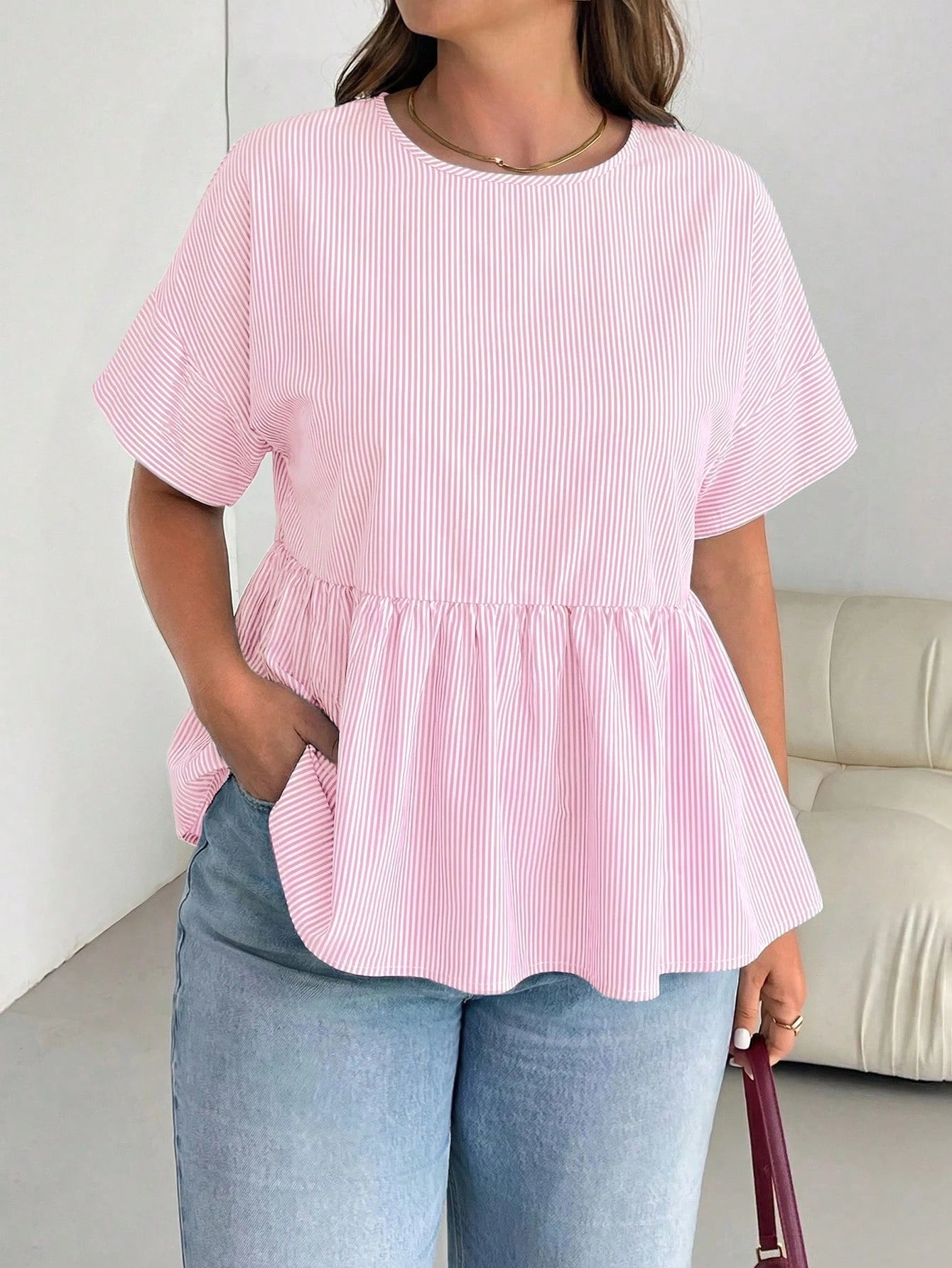 Essnce Plus-Size Women's Pink Summer Smart Casual Everyday Blue Striped Short-Sleeved Shirt,Women Blouse,Loose Comfortable Basic Curve Cute Clothes