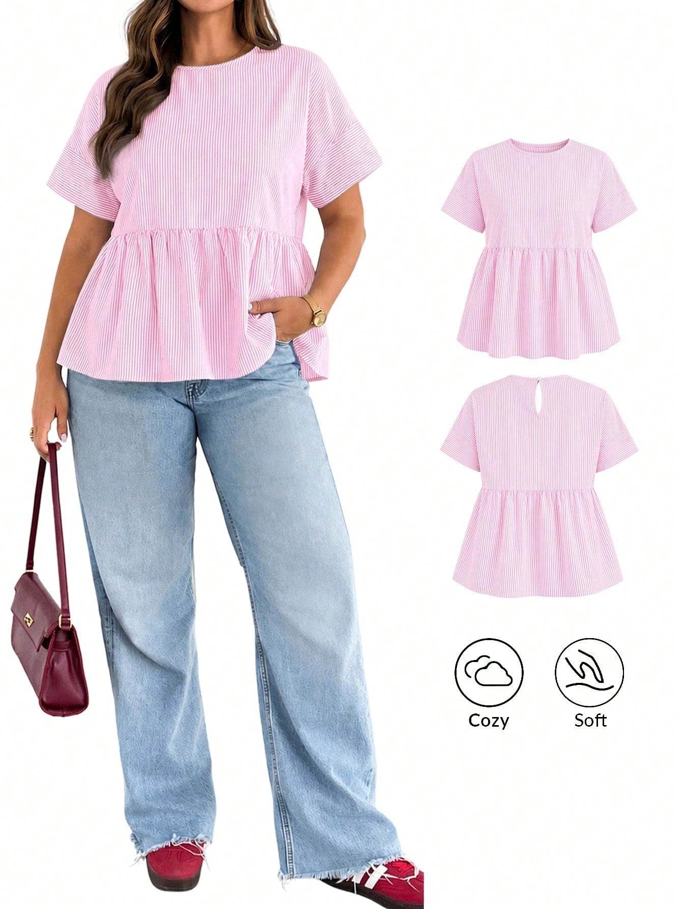Essnce Plus-Size Women's Pink Summer Smart Casual Everyday Blue Striped Short-Sleeved Shirt,Women Blouse,Loose Comfortable Basic Curve Cute Clothes