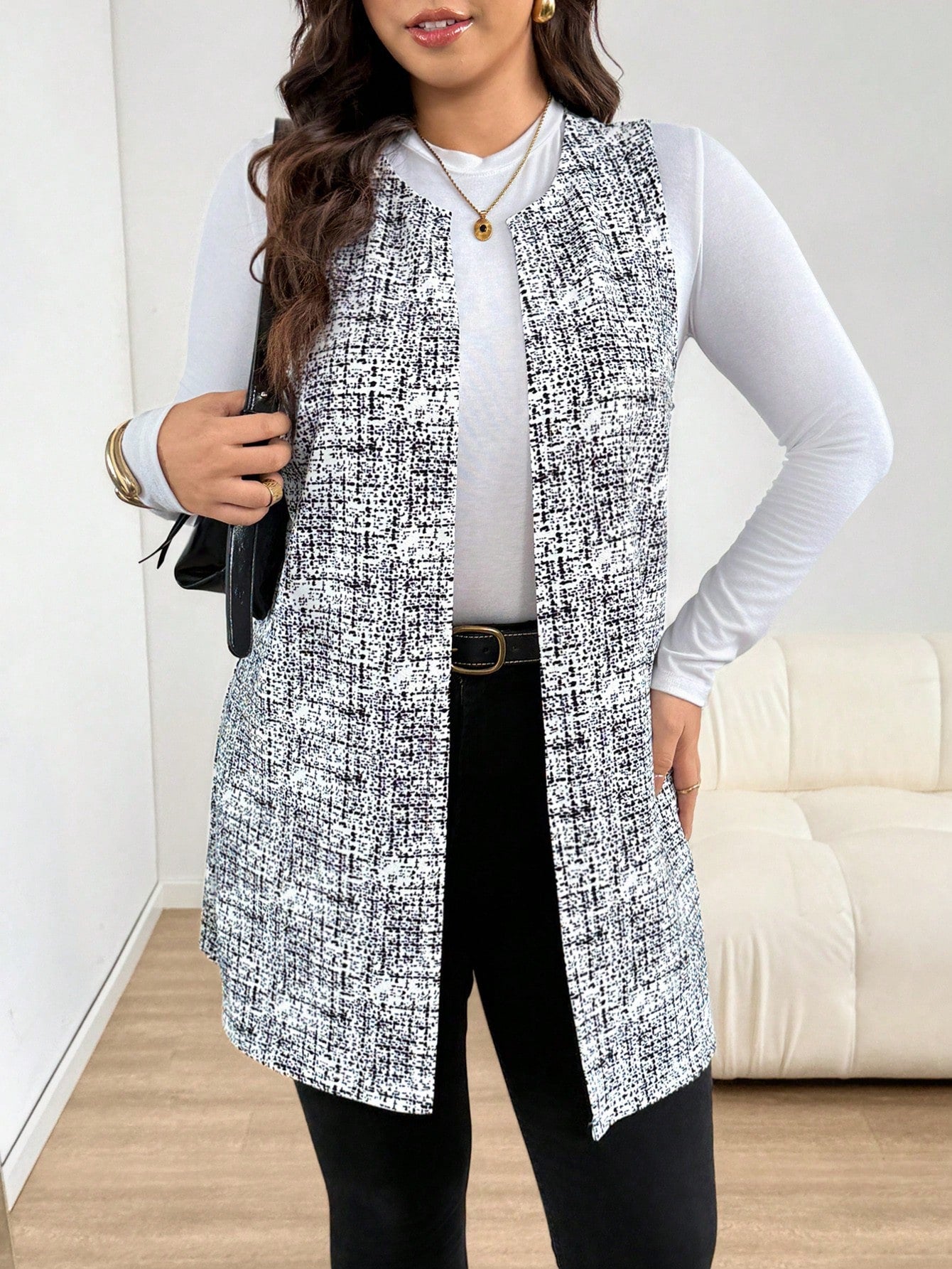 Essnce Plus Size Women's Spring/Autumn Fashion Casual Loose Comfortable Daily Basic Versatile Slimming Black & White Geometric Print Long Vest Outerwear, Autumn Outfit, Outing Top, Autumn Jacket