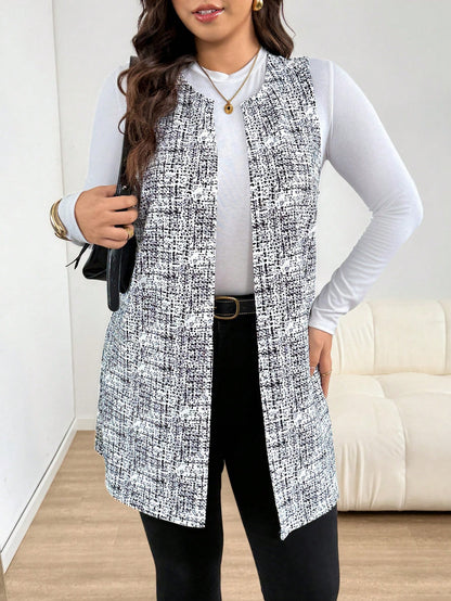Essnce Plus Size Women's Spring/Autumn Fashion Casual Loose Comfortable Daily Basic Versatile Slimming Black & White Geometric Print Long Vest Outerwear, Autumn Outfit, Outing Top, Autumn Jacket