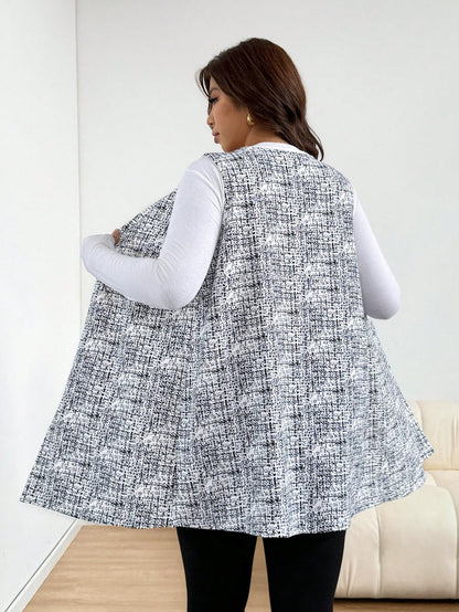 Essnce Plus Size Women's Spring/Autumn Fashion Casual Loose Comfortable Daily Basic Versatile Slimming Black & White Geometric Print Long Vest Outerwear, Autumn Outfit, Outing Top, Autumn Jacket